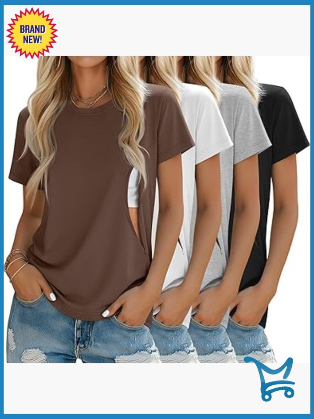 4 Pack Nursing Tops with Zipper Loose Fit Short Sleeve Maternity Tees